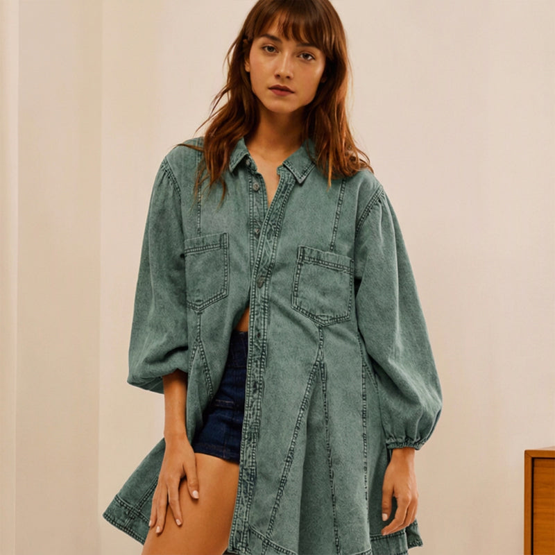 Kvinnors jeansklänning med volymärmar och knäppning framtill – Tidlös, bekväm och elegant i premiumdenim 👗✨