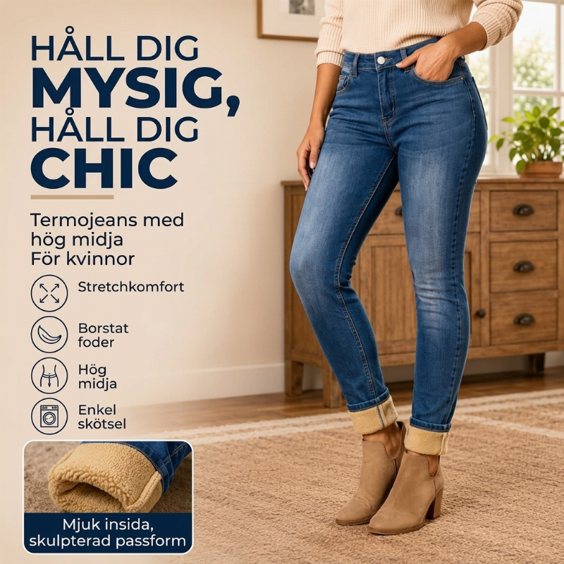 🥰 Perfekt för kallt väder ❄️ Damjeans i stretch med fleecefoder och hög midja