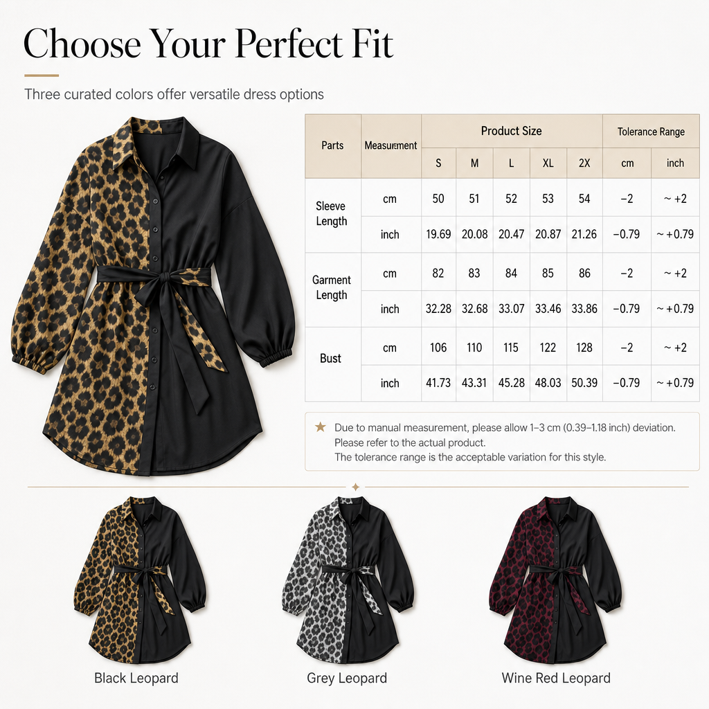 🖤Black Friday-rea: 50 % rabatt🖤 🐆 Långärmad miniklänning för damer med leopardmönster, kontrasterande lappteknik och bälte