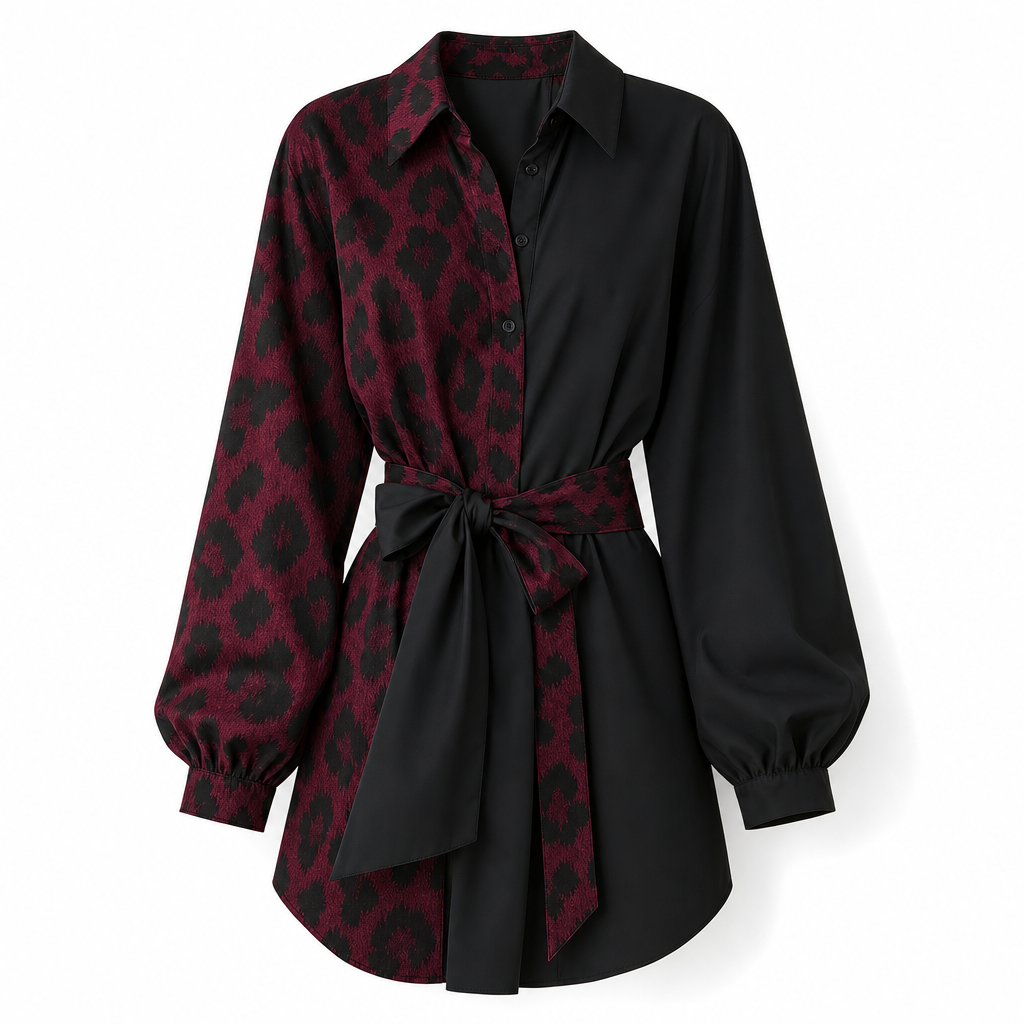 🖤Black Friday-rea: 50 % rabatt🖤 🐆 Långärmad miniklänning för damer med leopardmönster, kontrasterande lappteknik och bälte