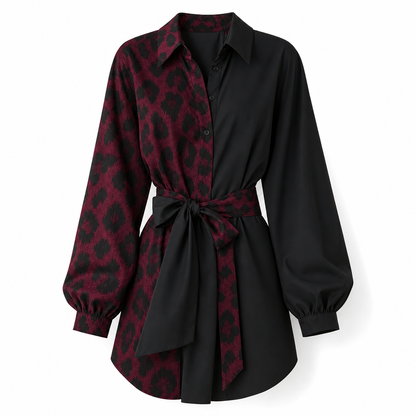 🖤Black Friday-rea: 50 % rabatt🖤 🐆 Långärmad miniklänning för damer med leopardmönster, kontrasterande lappteknik och bälte