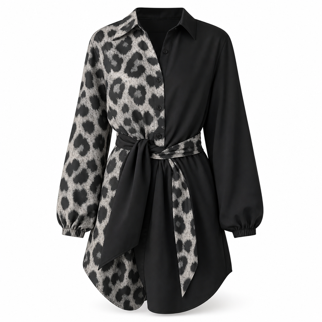 🖤Black Friday-rea: 50 % rabatt🖤 🐆 Långärmad miniklänning för damer med leopardmönster, kontrasterande lappteknik och bälte