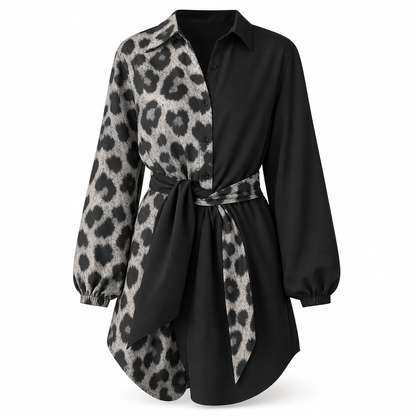 🖤Black Friday-rea: 50 % rabatt🖤 🐆 Långärmad miniklänning för damer med leopardmönster, kontrasterande lappteknik och bälte