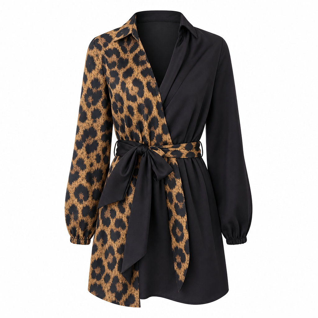 🖤Black Friday-rea: 50 % rabatt🖤 🐆 Långärmad miniklänning för damer med leopardmönster, kontrasterande lappteknik och bälte