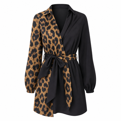 🖤Black Friday-rea: 50 % rabatt🖤 🐆 Långärmad miniklänning för damer med leopardmönster, kontrasterande lappteknik och bälte