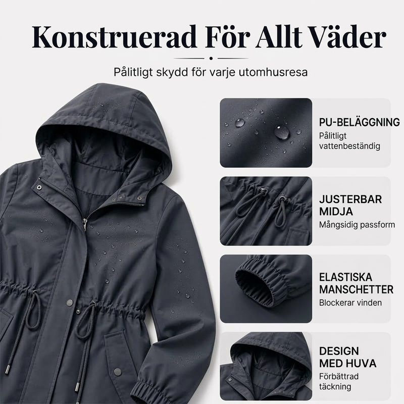 Vindjacka med huva i mellankängd för kvinnor