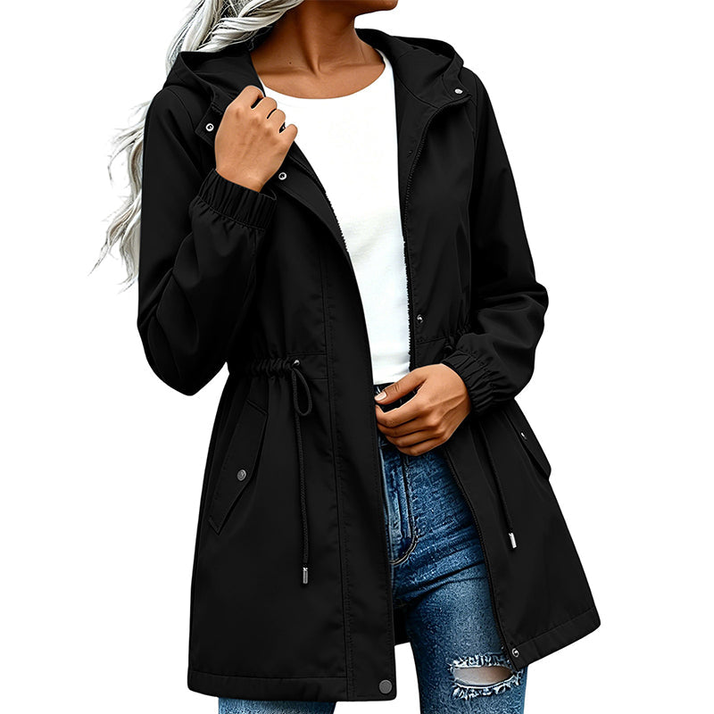 Vindjacka med huva i mellankängd för kvinnor