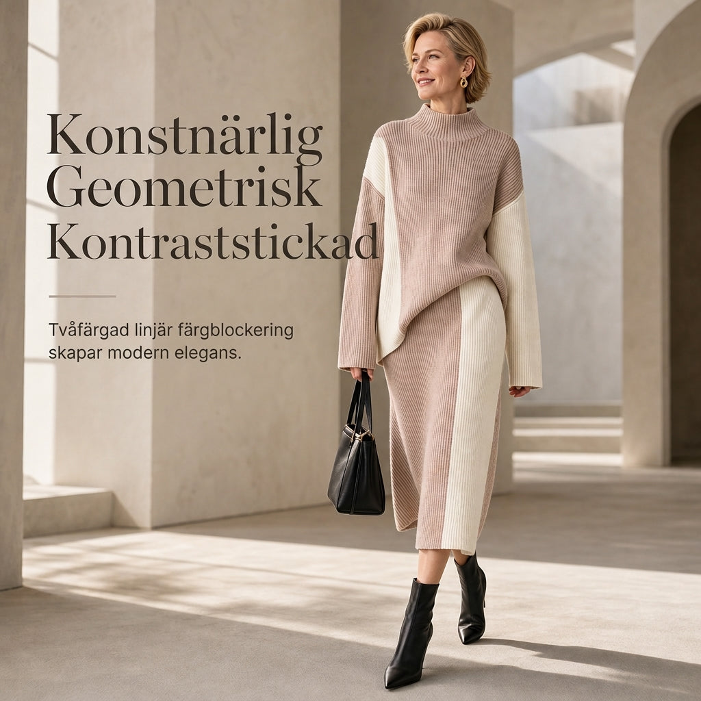 Damset i två delar i stickat med färgblock för höst och vinter, förtjockad tröja med rund hals och kjol