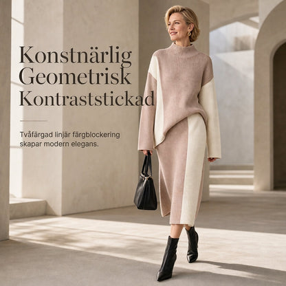 Damset i två delar i stickat med färgblock för höst och vinter, förtjockad tröja med rund hals och kjol