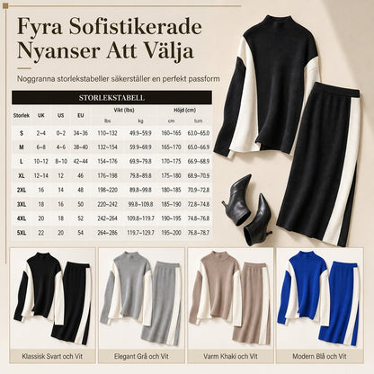 Damset i två delar i stickat med färgblock för höst och vinter, förtjockad tröja med rund hals och kjol