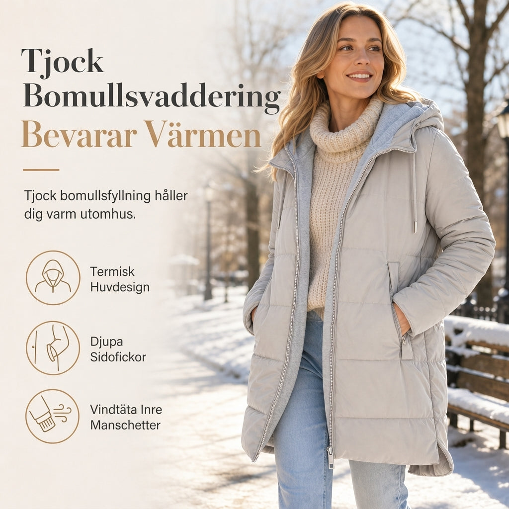 Slim fit lång vadderad kappa med huva, enfärgad, vintermodell med fickor