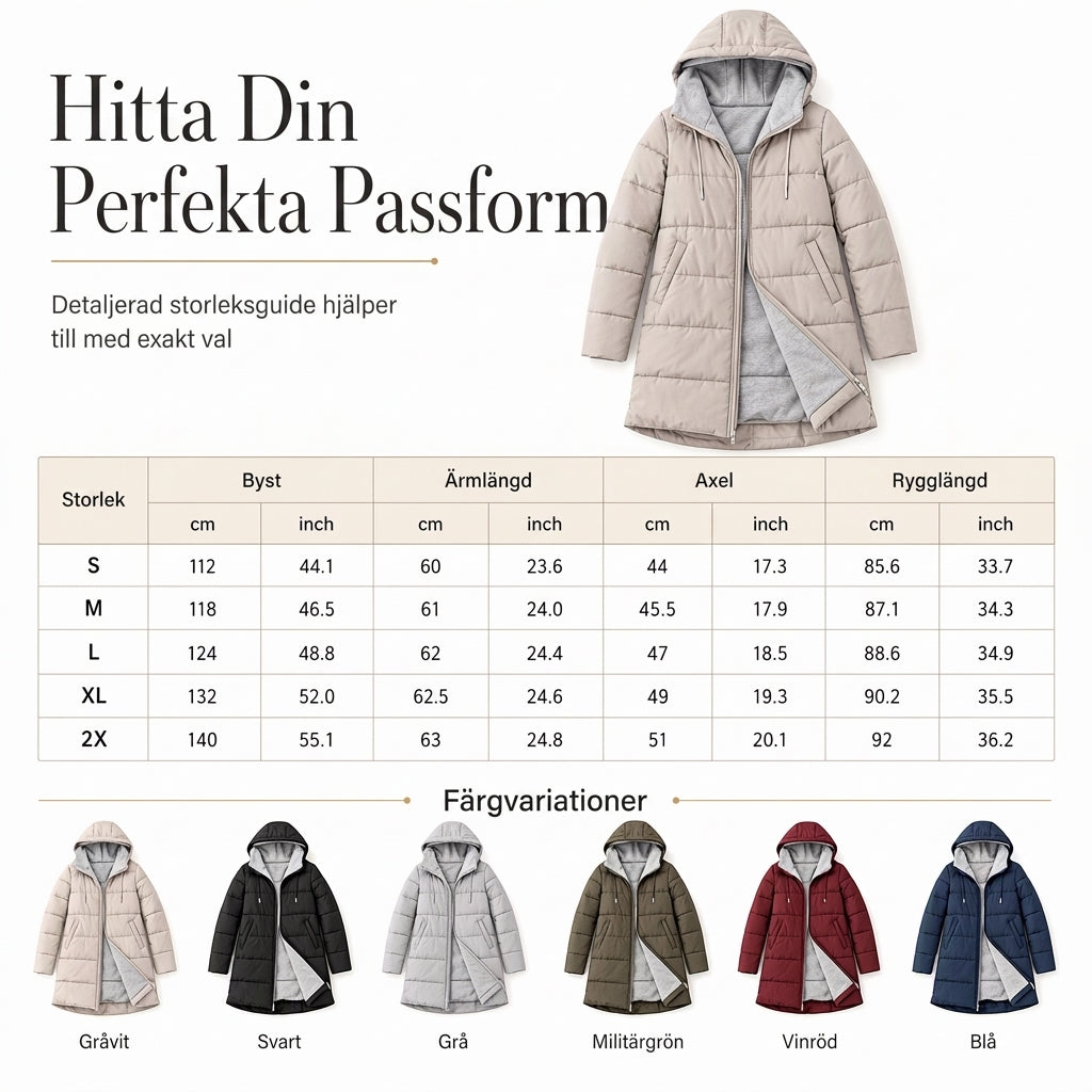 Slim fit lång vadderad kappa med huva, enfärgad, vintermodell med fickor