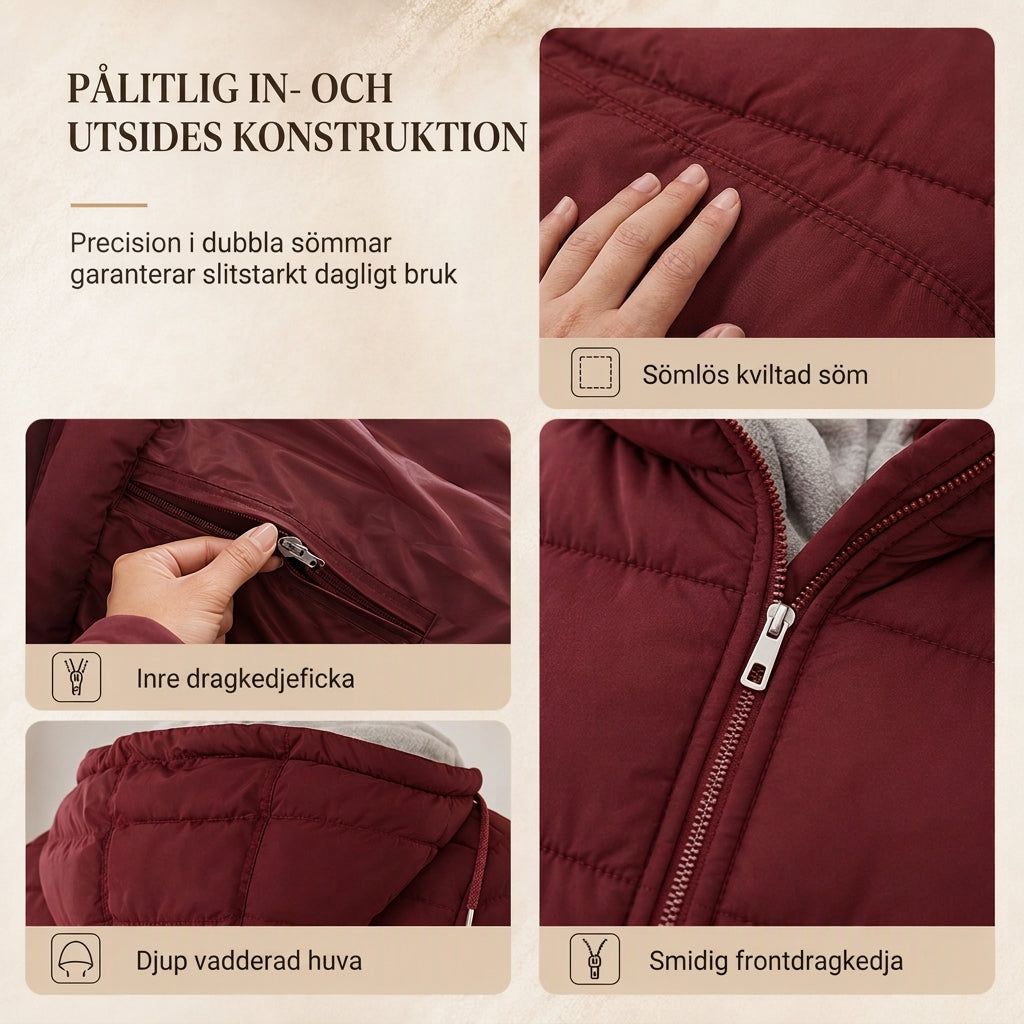 Slim fit lång vadderad kappa med huva, enfärgad, vintermodell med fickor