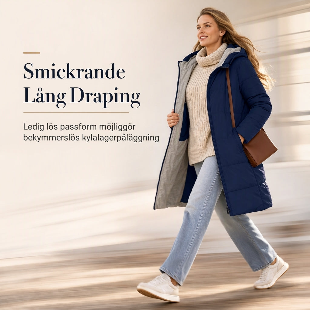 Slim fit lång vadderad kappa med huva, enfärgad, vintermodell med fickor