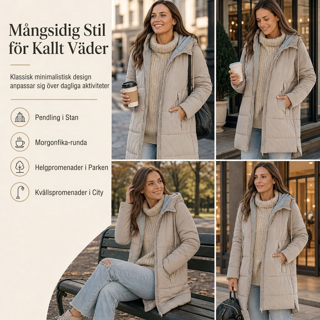 Slim fit lång vadderad kappa med huva, enfärgad, vintermodell med fickor