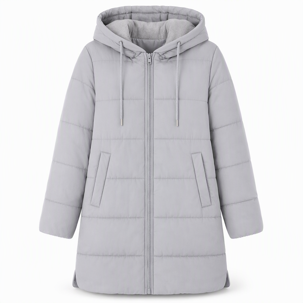 Slim fit lång vadderad kappa med huva, enfärgad, vintermodell med fickor