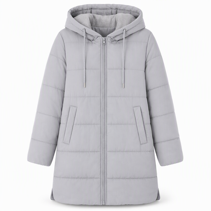 Slim fit lång vadderad kappa med huva, enfärgad, vintermodell med fickor