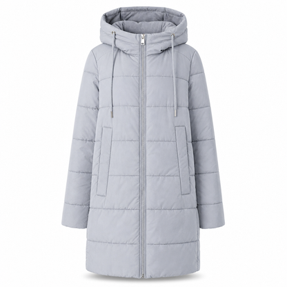 Slim fit lång vadderad kappa med huva, enfärgad, vintermodell med fickor