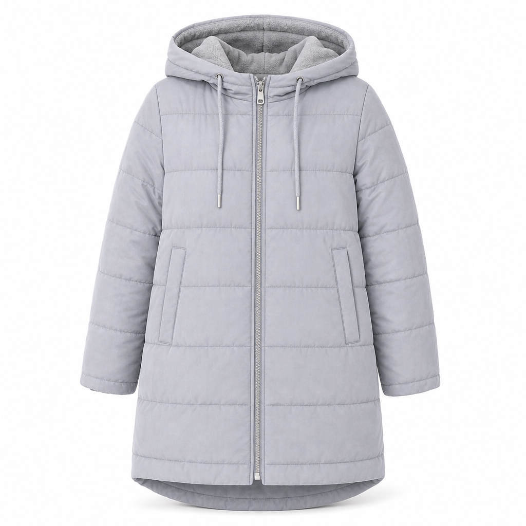 Slim fit lång vadderad kappa med huva, enfärgad, vintermodell med fickor