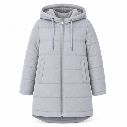 Slim fit lång vadderad kappa med huva, enfärgad, vintermodell med fickor