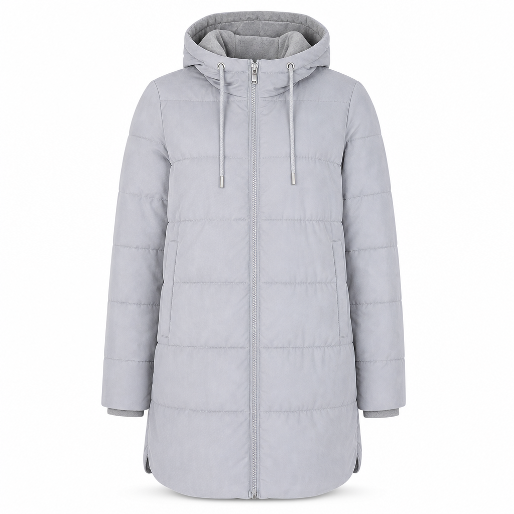 Slim fit lång vadderad kappa med huva, enfärgad, vintermodell med fickor