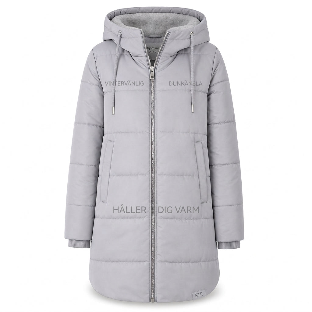 Slim fit lång vadderad kappa med huva, enfärgad, vintermodell med fickor