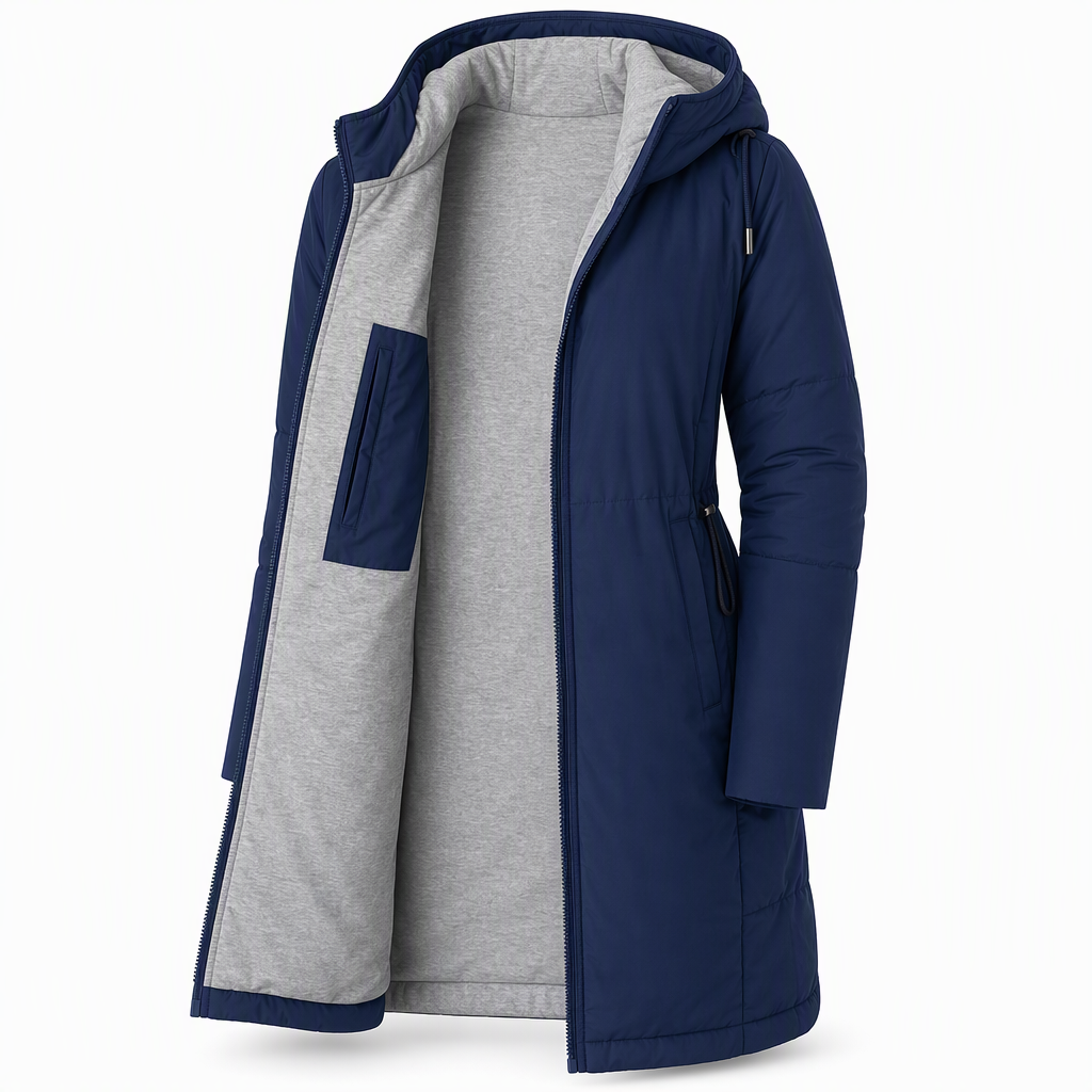 Slim fit lång vadderad kappa med huva, enfärgad, vintermodell med fickor