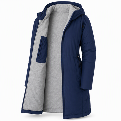 Slim fit lång vadderad kappa med huva, enfärgad, vintermodell med fickor