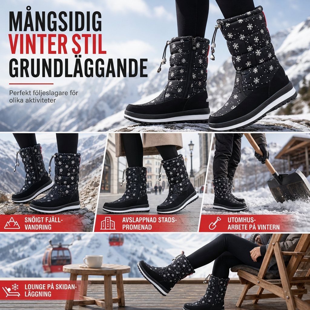 Vinterkängor för kvinnor, höga snökängor, vattentäta, halkfria, utomhus långa kängor med tjock foder av plysch och tjock sula