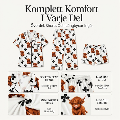 🐮 Dam pyjamas set i 3 delar med höglandsko tryck – mjuk, bekväm, söt design, perfekt för hemmakvällar, nu till halva priset! ✨