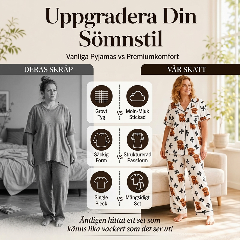 🐮 Dam pyjamas set i 3 delar med höglandsko tryck – mjuk, bekväm, söt design, perfekt för hemmakvällar, nu till halva priset! ✨