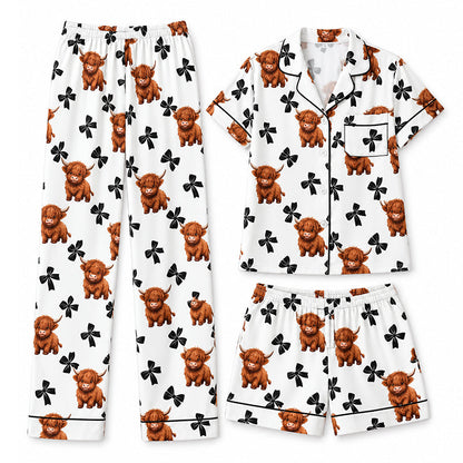 🐮 Dam pyjamas set i 3 delar med höglandsko tryck – mjuk, bekväm, söt design, perfekt för hemmakvällar, nu till halva priset! ✨