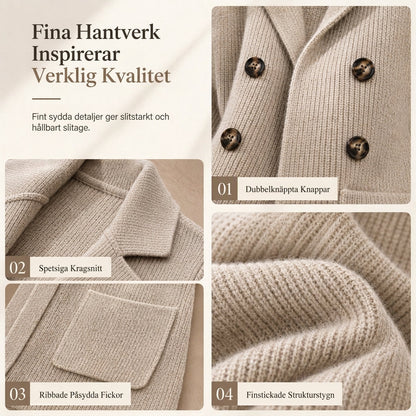 🍂 Vintererbjudande ✨ Ribbad stickad damkofta med dubbel rad knappar – Lång kofta med fickor och reverskrage