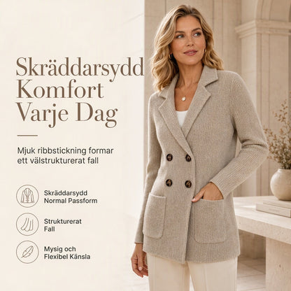 🍂 Vintererbjudande ✨ Ribbad stickad damkofta med dubbel rad knappar – Lång kofta med fickor och reverskrage