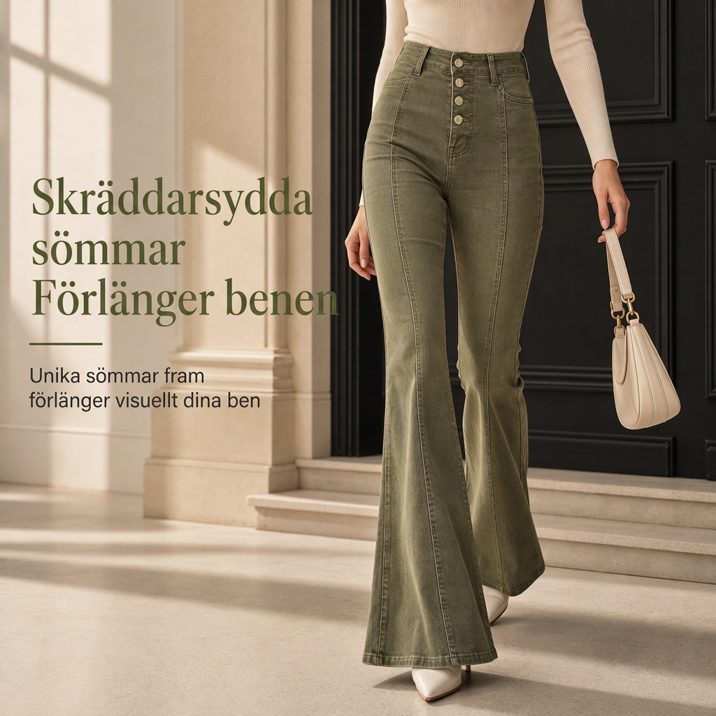 Oljegröna flare-jeans för kvinnor med hög midja, flera knappar och vertikala sömmar framtill