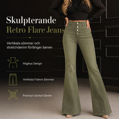 Oljegröna flare-jeans för kvinnor med hög midja, flera knappar och vertikala sömmar framtill