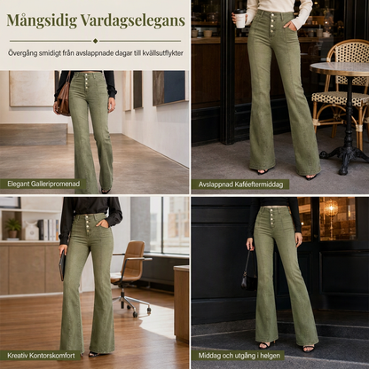 Oljegröna flare-jeans för kvinnor med hög midja, flera knappar och vertikala sömmar framtill