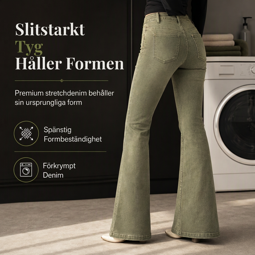 Oljegröna flare-jeans för kvinnor med hög midja, flera knappar och vertikala sömmar framtill