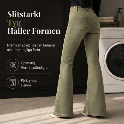 Oljegröna flare-jeans för kvinnor med hög midja, flera knappar och vertikala sömmar framtill