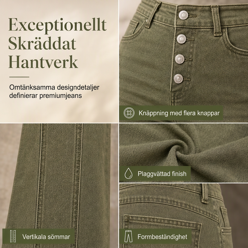 Oljegröna flare-jeans för kvinnor med hög midja, flera knappar och vertikala sömmar framtill
