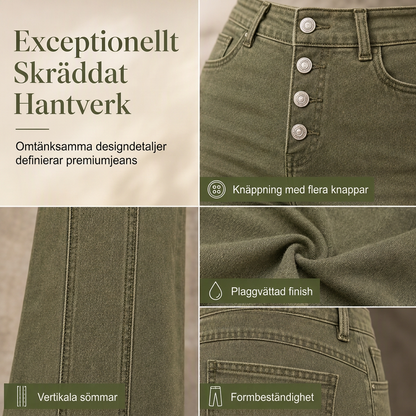 Oljegröna flare-jeans för kvinnor med hög midja, flera knappar och vertikala sömmar framtill