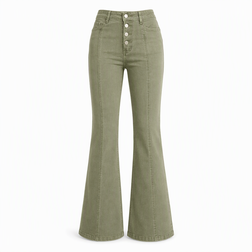 Oljegröna flare-jeans för kvinnor med hög midja, flera knappar och vertikala sömmar framtill
