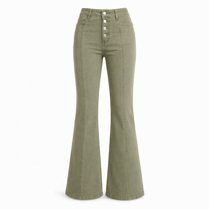 Oljegröna flare-jeans för kvinnor med hög midja, flera knappar och vertikala sömmar framtill