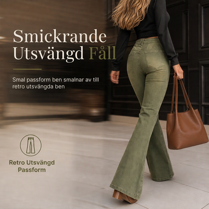 Oljegröna flare-jeans för kvinnor med hög midja, flera knappar och vertikala sömmar framtill