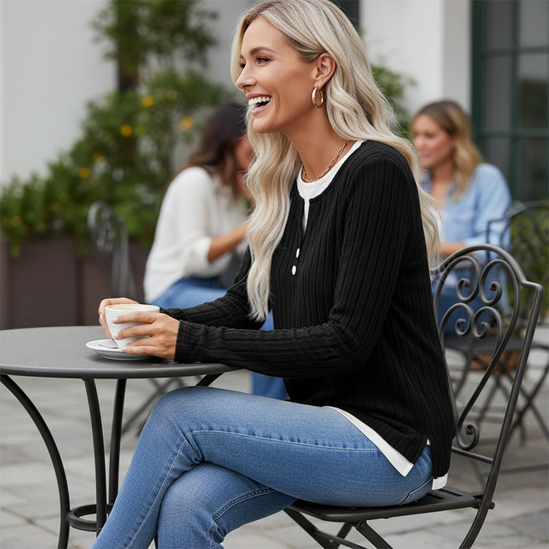 💰 Halva priset! 👚 Varm mjuk långärmad stickad T-shirt för damer – skön, mångsidig, perfekt för kyliga dagar och vardag. ✨