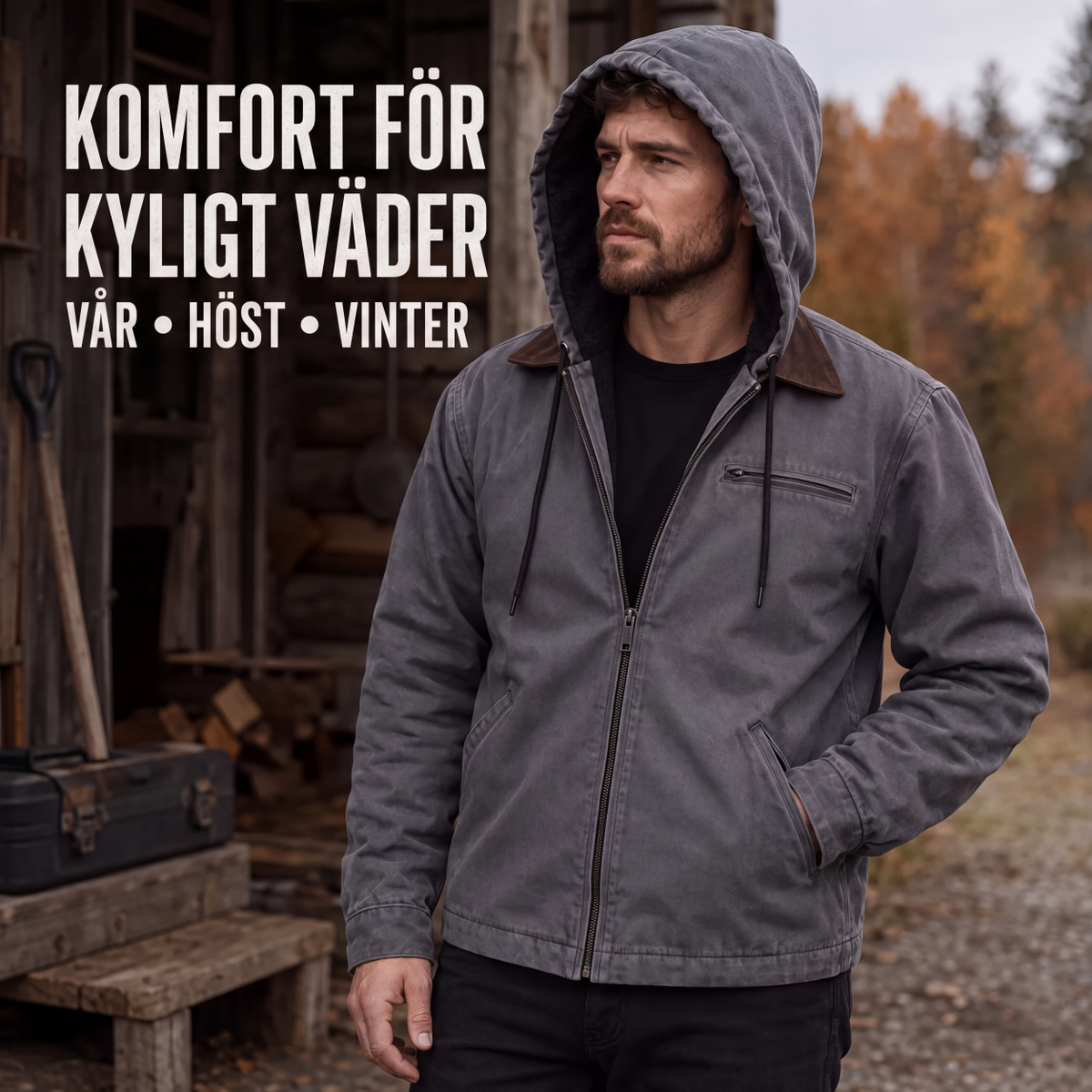 🧥 Arbetsjacka med luvka och plyschfoder för män