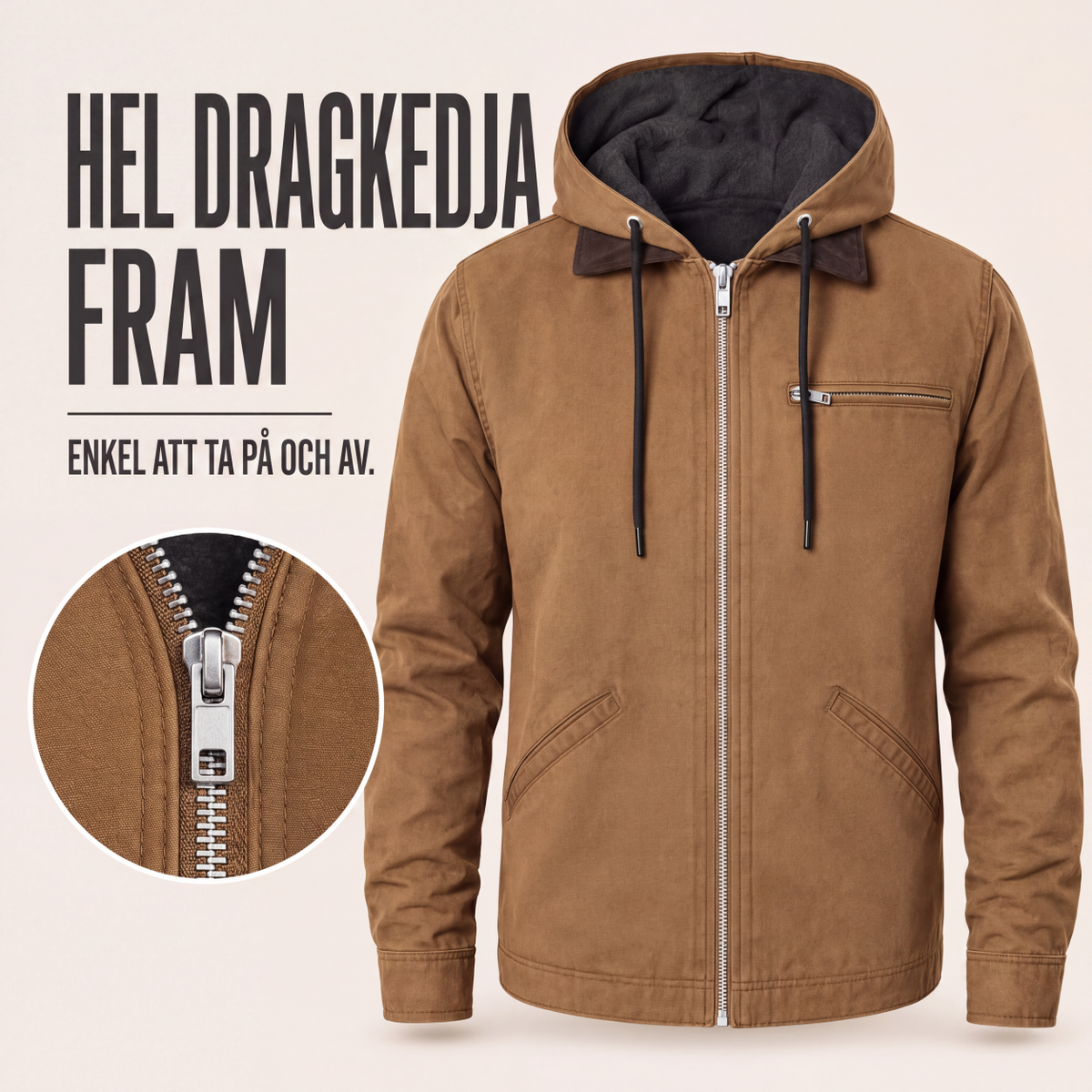 🧥 Arbetsjacka med luvka och plyschfoder för män