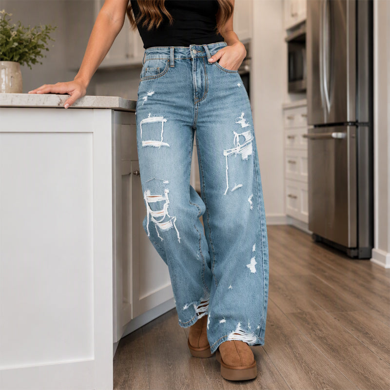 💰 Halva priset! 👖 Damernas eleganta nedslitna jeans med vida ben – bekväma, mjuka, mångsidiga, perfekta för vardag och fest. ✨