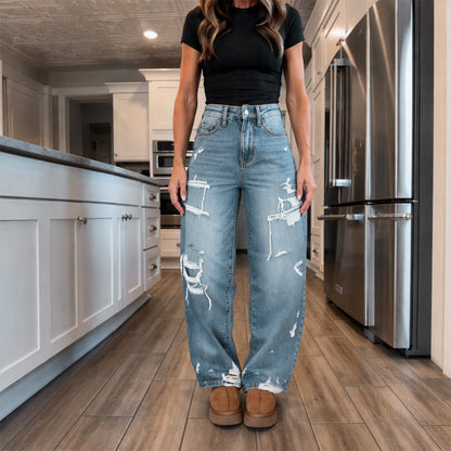 💰 Halva priset! 👖 Damernas eleganta nedslitna jeans med vida ben – bekväma, mjuka, mångsidiga, perfekta för vardag och fest. ✨