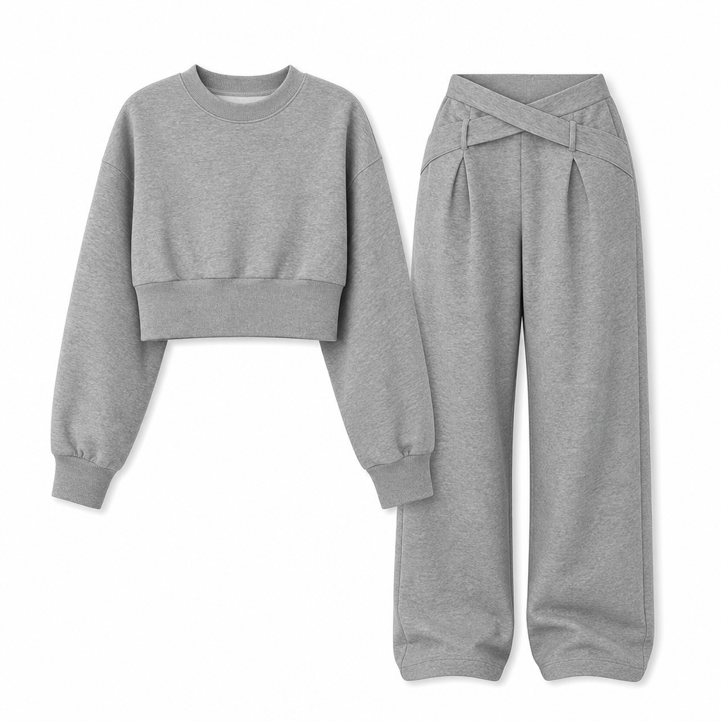 Tvdelad set i avslappnad sportig stil för höst och vinter, bestående av långärmad t-shirt och vida byxor med skärning i midjan